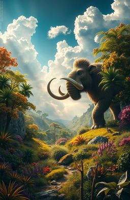 A visually stunning and dynamic scene depicting an ancient animal, such as a woolly mammoth or a saber-toothed tiger, emerging from a lush, vibrant landscape