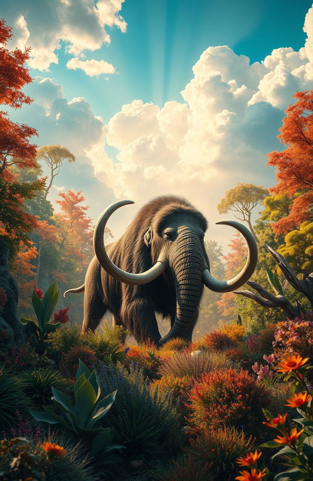 A visually stunning and dynamic scene depicting an ancient animal, such as a woolly mammoth or a saber-toothed tiger, emerging from a lush, vibrant landscape