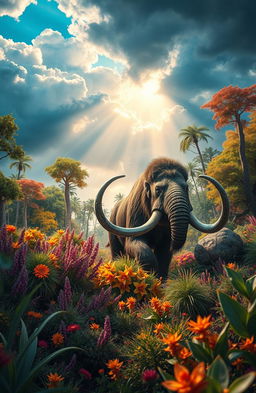 A visually stunning and dynamic scene depicting an ancient animal, such as a woolly mammoth or a saber-toothed tiger, emerging from a lush, vibrant landscape