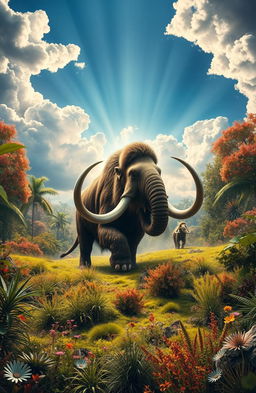A visually stunning and dynamic scene depicting an ancient animal, such as a woolly mammoth or a saber-toothed tiger, emerging from a lush, vibrant landscape