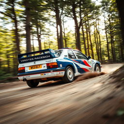 A powerful and sleek Peugeot 406 Rallye racing on a dirt rally track, showcasing its vibrant blue and white racing livery, with dynamic motion blur capturing the speed of the vehicle