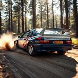 A powerful and sleek Peugeot 406 Rallye racing on a dirt rally track, showcasing its vibrant blue and white racing livery, with dynamic motion blur capturing the speed of the vehicle