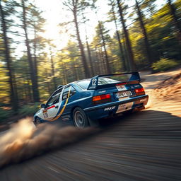 A powerful and sleek Peugeot 406 Rallye racing on a dirt rally track, showcasing its vibrant blue and white racing livery, with dynamic motion blur capturing the speed of the vehicle