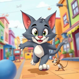A vibrant and playful scene featuring a cartoon cat named Tom, characterized by a sleek blue-grey fur, large expressive eyes, and a mischievous grin