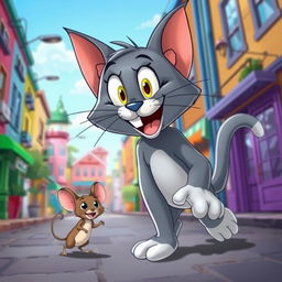 A vibrant and playful scene featuring a cartoon cat named Tom, characterized by a sleek blue-grey fur, large expressive eyes, and a mischievous grin