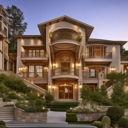 exquisite extra-large exterior of exquisite mansion with a ramp projecting above the balcony area in daylight