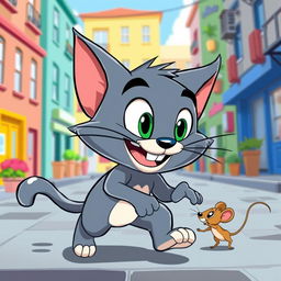 A vibrant and playful scene featuring a cartoon cat named Tom, characterized by a sleek blue-grey fur, large expressive eyes, and a mischievous grin