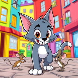 A vibrant and playful scene featuring a cartoon cat named Tom, characterized by a sleek blue-grey fur, large expressive eyes, and a mischievous grin