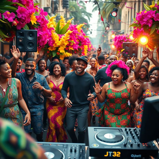 A vibrant street scene showcasing a celebration of Afrobeats music culture