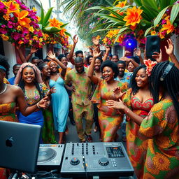 A vibrant street scene showcasing a celebration of Afrobeats music culture