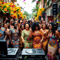 A vibrant street scene showcasing a celebration of Afrobeats music culture