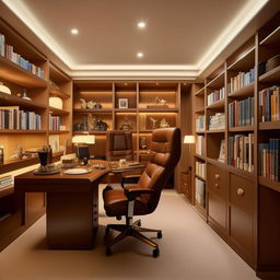 Create a 15ft by 15ft boss office with a large desk, comfortable chair, bookshelves, and subtle lighting.