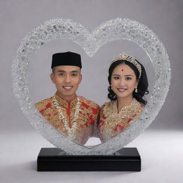 A pair of Sundanese traditional newlyweds inside a crystal heart-shaped glass.