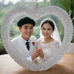 A pair of Sundanese traditional newlyweds inside a crystal heart-shaped glass.