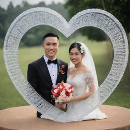 A pair of Sundanese traditional newlyweds inside a crystal heart-shaped glass.