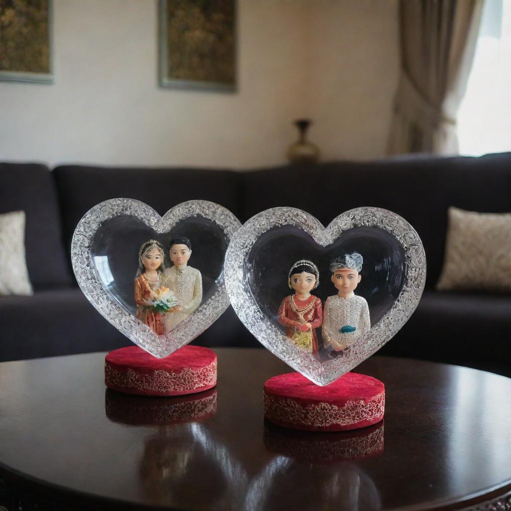 A pair of Javanese traditional newlyweds inside a heart-shaped crystal glass, placed on a living room table.