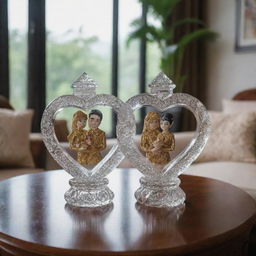 A pair of Javanese traditional newlyweds inside a heart-shaped crystal glass, placed on a living room table.