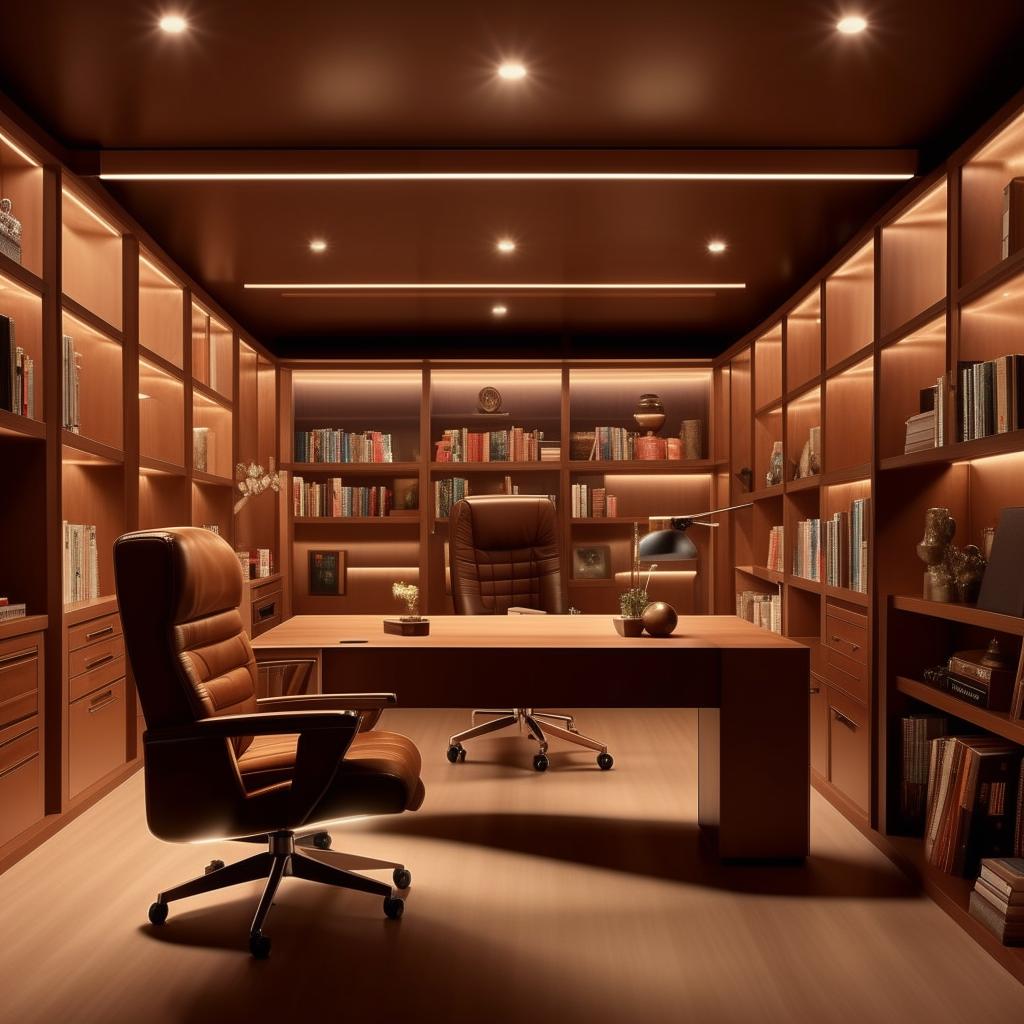 Create a 15ft by 15ft boss office with a large desk, comfortable chair, bookshelves, and subtle lighting.