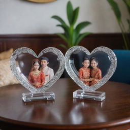 A pair of Javanese traditional newlyweds inside a heart-shaped crystal glass, placed on a living room table.