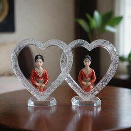 A pair of Javanese traditional newlyweds inside a heart-shaped crystal glass, placed on a living room table.