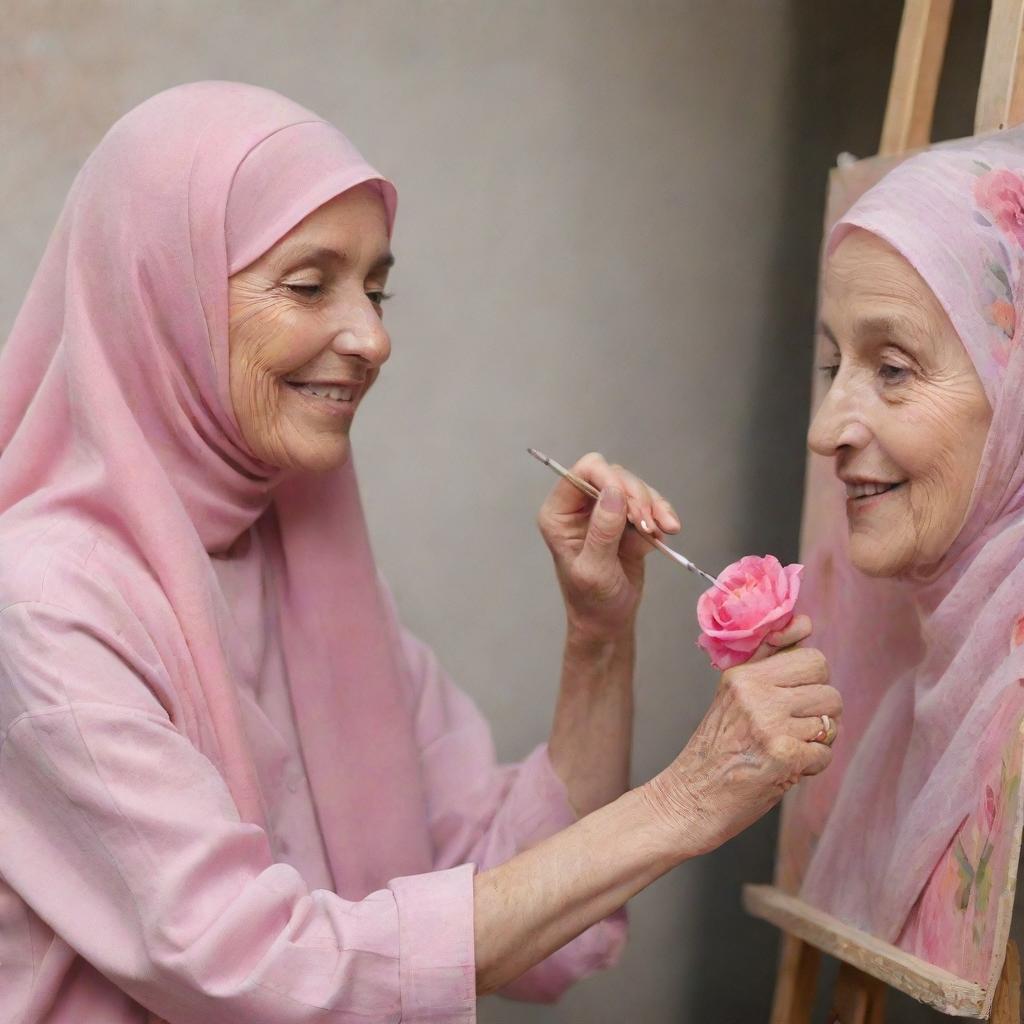An elderly painter painting a beautiful girl in a pink hijab, with the girl's hand appearing to emerge from the painting to hand the painter a flower, both appearing happy