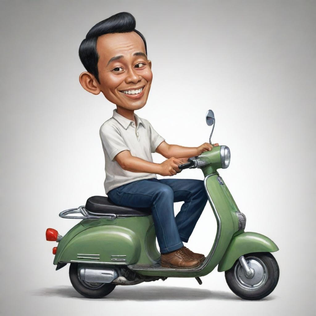 Caricature of a small, handsome Indonesian man sitting atop of a scooter