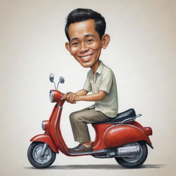 Caricature of a small, handsome Indonesian man sitting atop of a scooter