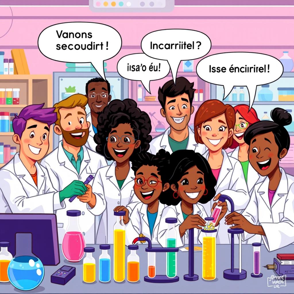 A vibrant scene depicting a diverse group of people in a laboratory setting, engaged in scientific work