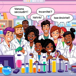 A vibrant scene depicting a diverse group of people in a laboratory setting, engaged in scientific work