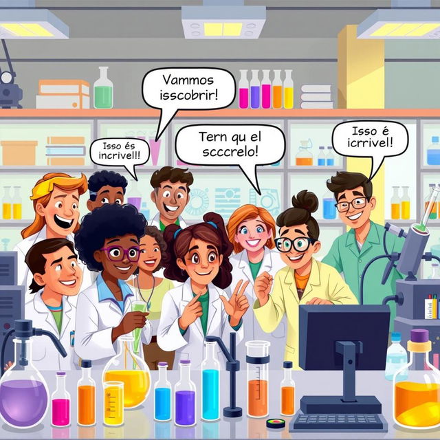 A vibrant scene depicting a diverse group of people in a laboratory setting, engaged in scientific work