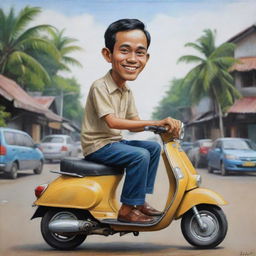 Caricature of a small, handsome Indonesian man sitting atop of a scooter