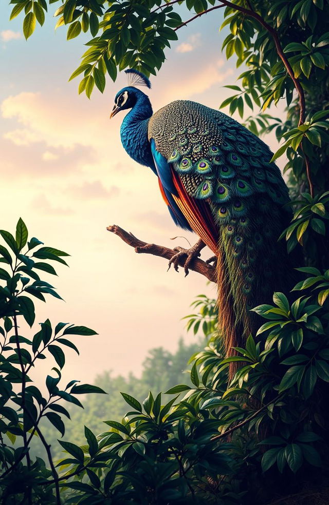 A dramatic scene depicting a large, majestic peacock, symbolizing elegance and beauty, gracefully perched on a branch amidst lush green foliage