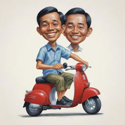 Caricature of a small, handsome Indonesian man sitting atop of a scooter