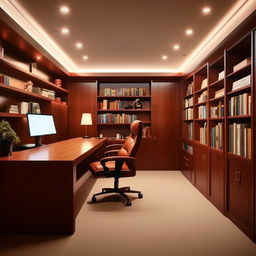 Create a 15ft by 15ft boss office with a large desk, comfortable chair, bookshelves, and subtle lighting.