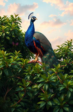 A dramatic scene depicting a large, majestic peacock, symbolizing elegance and beauty, gracefully perched on a branch amidst lush green foliage