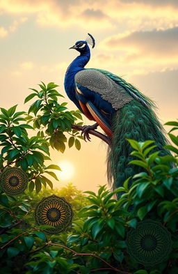 A dramatic scene depicting a large, majestic peacock, symbolizing elegance and beauty, gracefully perched on a branch amidst lush green foliage