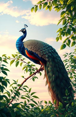 A dramatic scene depicting a large, majestic peacock, symbolizing elegance and beauty, gracefully perched on a branch amidst lush green foliage