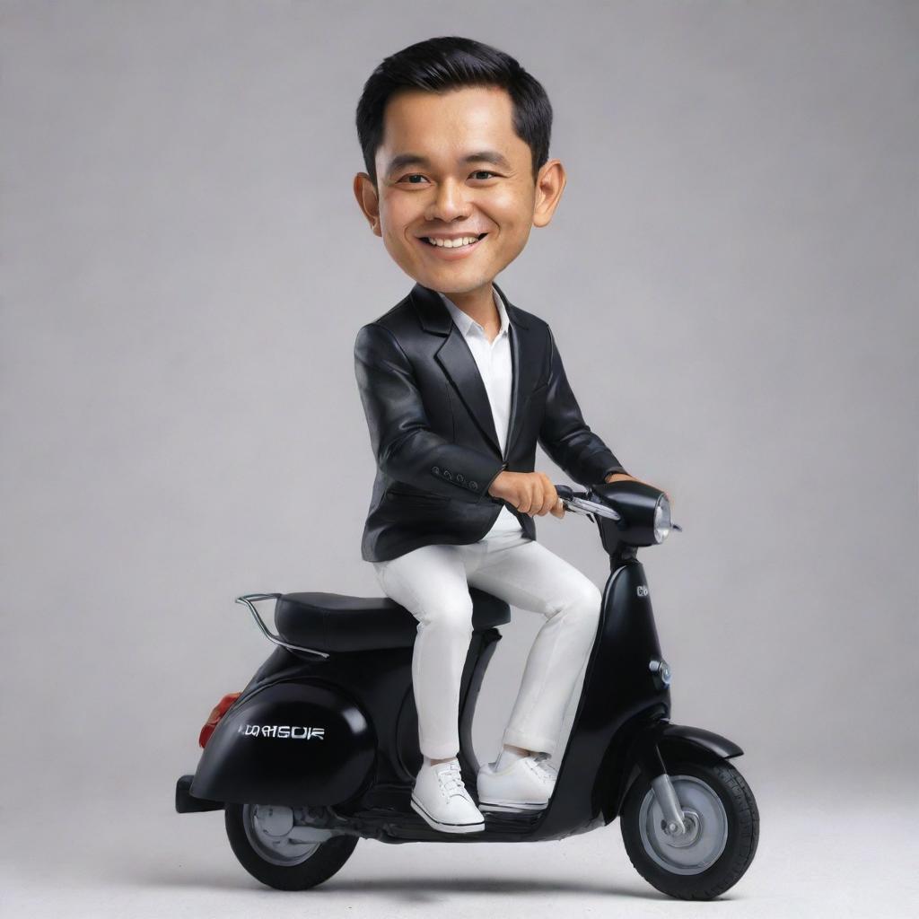 High-resolution caricature of a small, handsome Indonesian man wearing a black jacket and white pants, sitting atop of a scooter