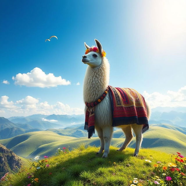 An enchanting fantasy scene featuring a majestic lama peacefully standing atop a lush, green hill under a bright blue sky