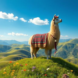 An enchanting fantasy scene featuring a majestic lama peacefully standing atop a lush, green hill under a bright blue sky