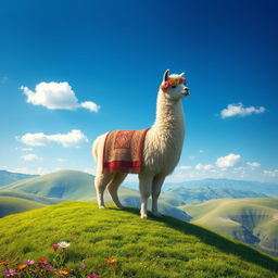 An enchanting fantasy scene featuring a majestic lama peacefully standing atop a lush, green hill under a bright blue sky