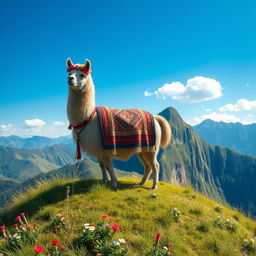 An enchanting fantasy scene featuring a majestic lama peacefully standing atop a lush, green hill under a bright blue sky