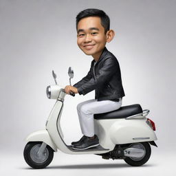 High-resolution caricature of a small, handsome Indonesian man wearing a black jacket and white pants, sitting atop of a scooter