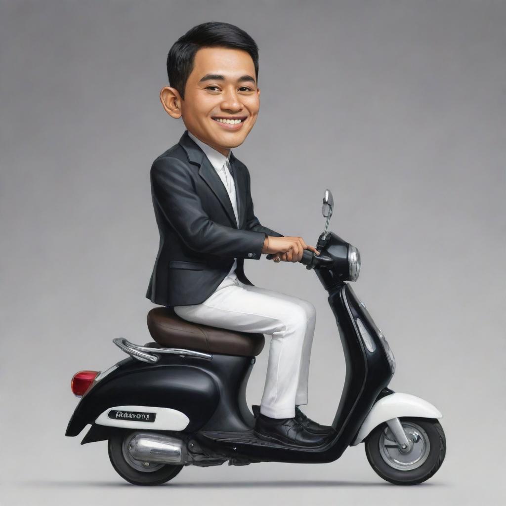 High-resolution caricature of a small, handsome Indonesian man wearing a black jacket and white pants, sitting atop of a scooter