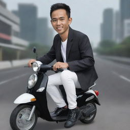 High-resolution caricature of a small, handsome Indonesian man wearing a black jacket and white pants, sitting atop of a scooter