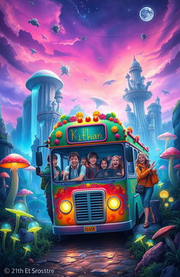 A vibrant and mystical scene depicting an extraordinary bus entering a magical realm