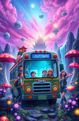 A vibrant and mystical scene depicting an extraordinary bus entering a magical realm