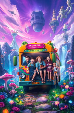 A vibrant and mystical scene depicting an extraordinary bus entering a magical realm