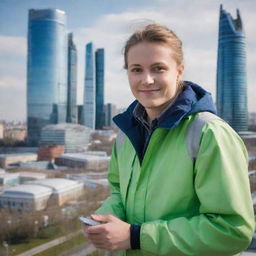 A future volunteer in Russia, equipped with advanced technology, assisting in an eco-friendly project amidst futuristic Russian cityscape with high-tech buildings