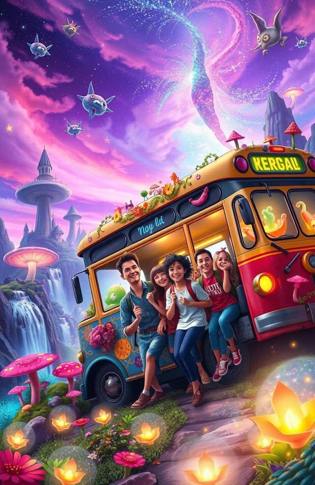 A vibrant and mystical scene depicting an extraordinary bus entering a magical realm